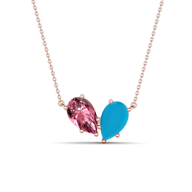 Zemi 1.05 ctw Pear Shape Pink Tourmaline and Turquoise (7x5 mm) Toi Et Moi Pendant Necklace 