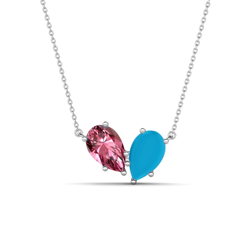 Zemi 1.05 ctw Pear Shape Pink Tourmaline and Turquoise (7x5 mm) Toi Et Moi Pendant Necklace 