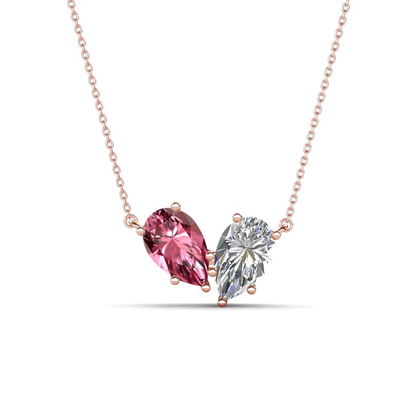 Zemi 1.50 ctw Pear Shape Pink Tourmaline and Natural Diamond (7x5 mm) Toi Et Moi Pendant Necklace 