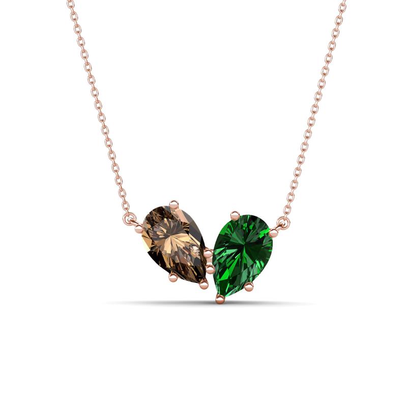 Zemi 1.45 ctw Pear Shape Smoky Quartz and Lab Grown Emerald (7x5 mm) Toi Et Moi Pendant Necklace 
