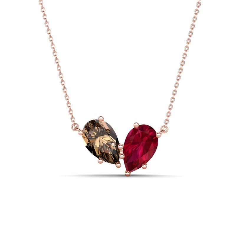 Zemi 1.60 ctw Pear Shape Smoky Quartz and Lab Grown Ruby (7x5 mm) Toi Et Moi Pendant Necklace 