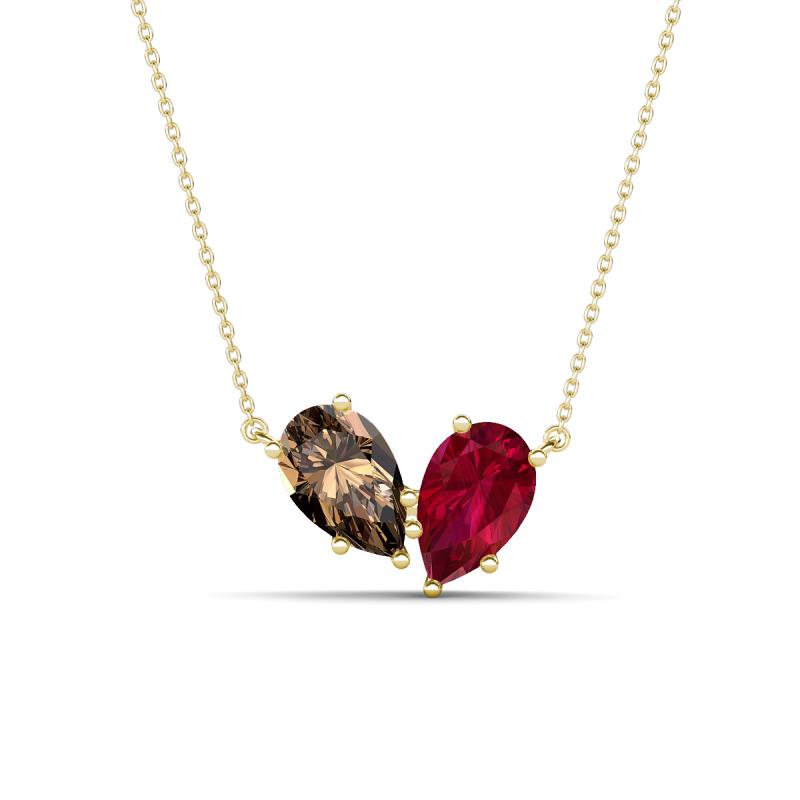 Zemi 1.60 ctw Pear Shape Smoky Quartz and Lab Grown Ruby (7x5 mm) Toi Et Moi Pendant Necklace 