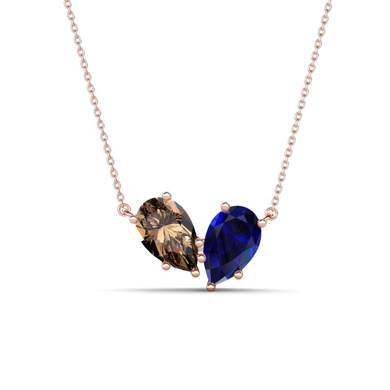Zemi 1.55 ctw Pear Shape Smoky Quartz and Lab Grown Blue Sapphire (7x5 mm) Toi Et Moi Pendant Necklace 