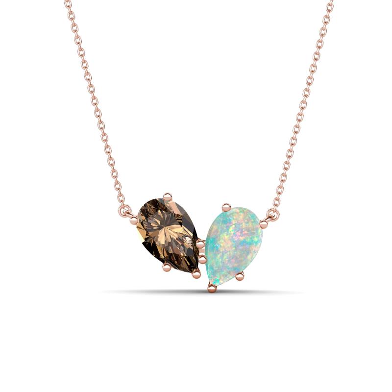 Zemi 1.00 ctw Pear Shape Smoky Quartz and Opal (7x5 mm) Toi Et Moi Pendant Necklace 