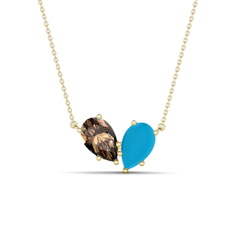 Zemi 1.00 ctw Pear Shape Smoky Quartz and Turquoise (7x5 mm) Toi Et Moi Pendant Necklace 