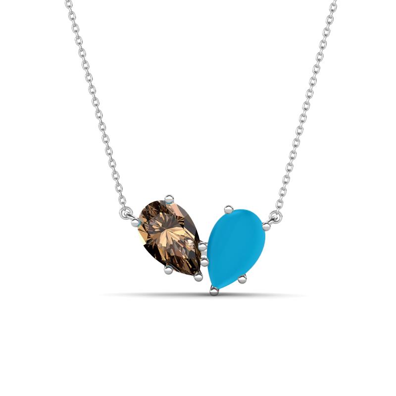 Zemi 1.00 ctw Pear Shape Smoky Quartz and Turquoise (7x5 mm) Toi Et Moi Pendant Necklace 