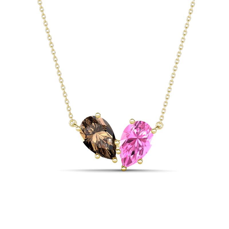 Zemi 1.55 ctw Pear Shape Smoky Quartz and Lab Grown Pink Sapphire (7x5 mm) Toi Et Moi Pendant Necklace 