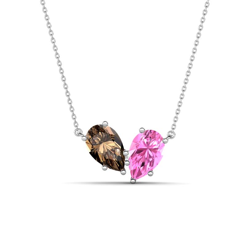 Zemi 1.55 ctw Pear Shape Smoky Quartz and Lab Grown Pink Sapphire (7x5 mm) Toi Et Moi Pendant Necklace 