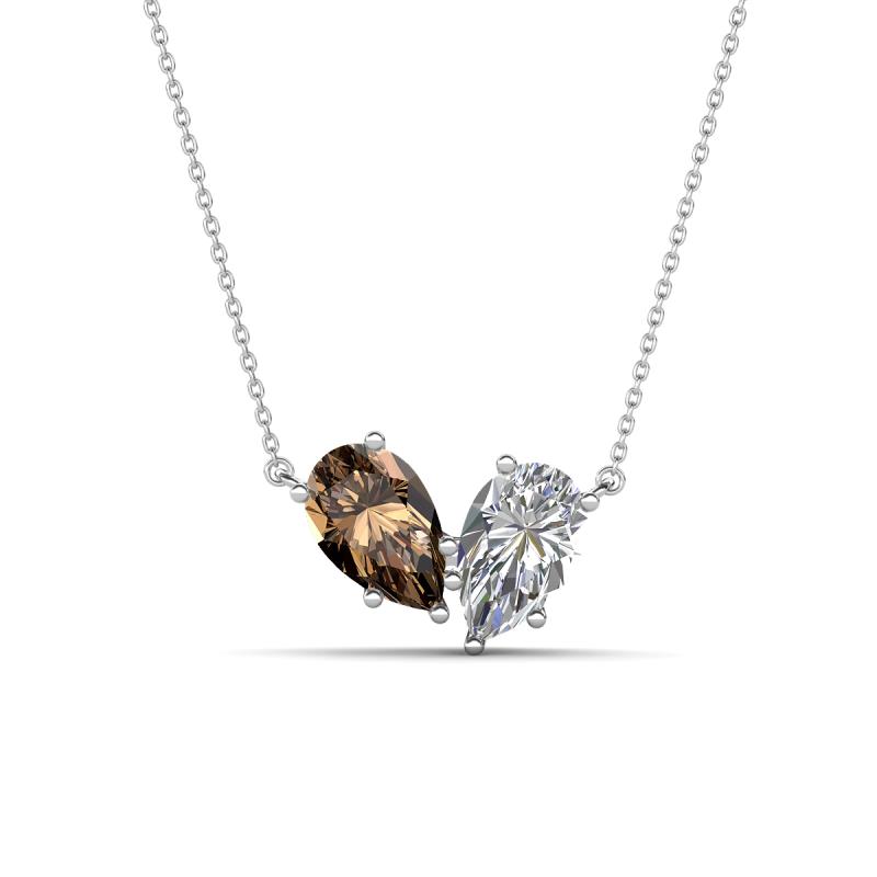 Zemi 1.45 ctw Pear Shape Smoky Quartz and Natural Diamond (7x5 mm) Toi Et Moi Pendant Necklace 