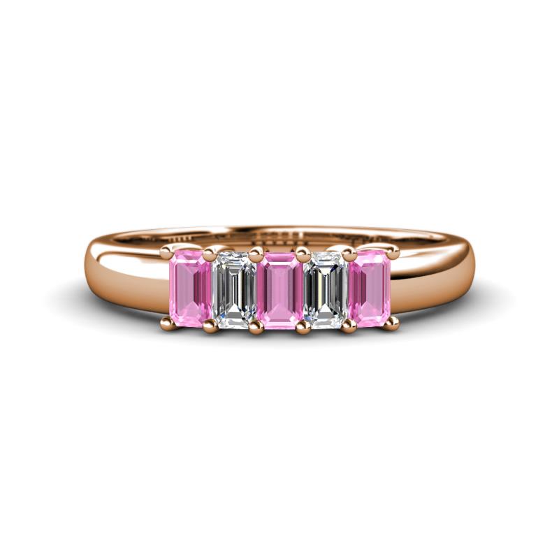 Melina 1.50 ctw Emerald Shape Pink Sapphire and Lab Grown Diamonds (5x3 mm) Five Stone Wedding Band 