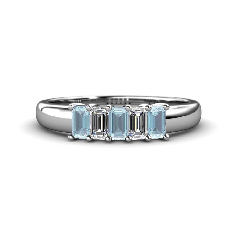 Melina 1.45 ctw Emerald Shape Aquamarine and Natural Diamonds (5x3 mm) Five Stone Wedding Band 