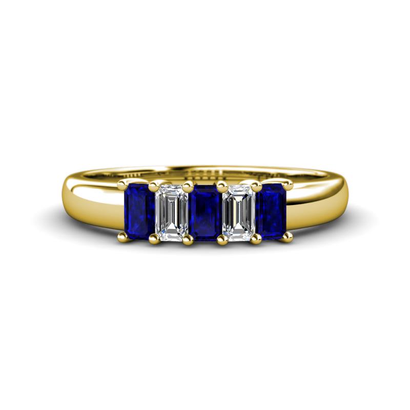 Melina 1.60 ctw Emerald Shape Blue Sapphire and Natural Diamonds (5x3 mm) Five Stone Wedding Band 
