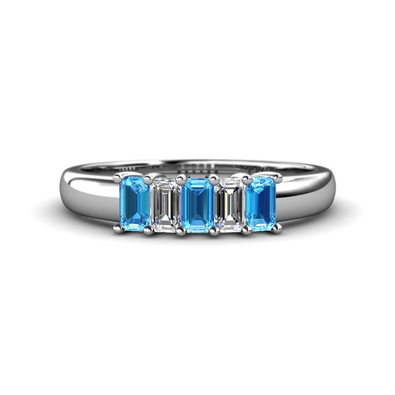 Melina 1.81 ctw Emerald Shape Blue Topaz and Natural Diamonds (5x3 mm) Five Stone Wedding Band 