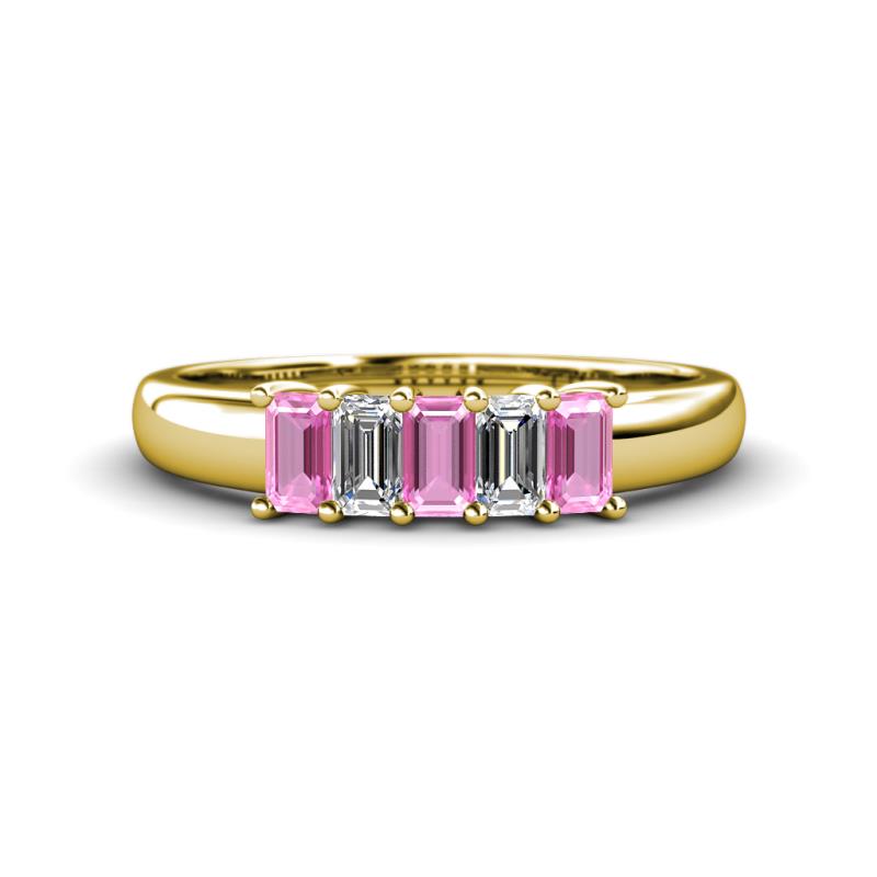 Melina 1.60 ctw Emerald Shape Pink Sapphire and Natural Diamonds (5x3 mm) Five Stone Wedding Band 