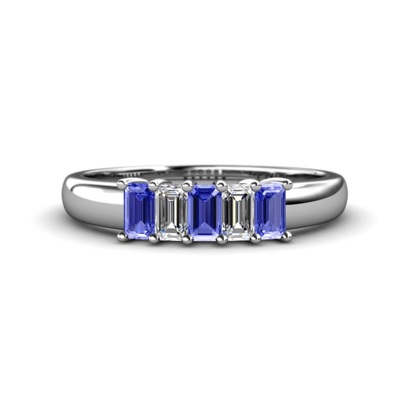 Melina 1.51 ctw Emerald Shape Tanzanite and Natural Diamonds (5x3 mm) Five Stone Wedding Band 