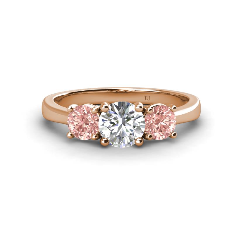 Quyen 1.96 ctw (6.50 mm) Round Moissanite and Morganite Three Stone Engagement Ring 