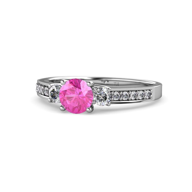 Dzeni Pink Sapphire and Diamond Three Stone with Side Diamond Ring  