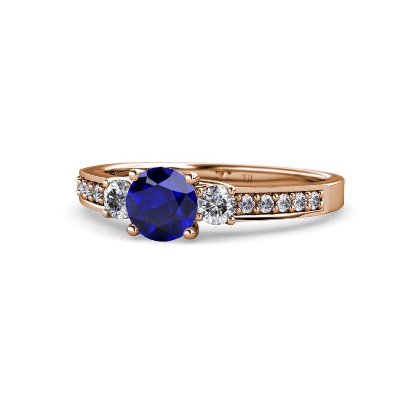 Dzeni Blue Sapphire and Diamond Three Stone with Side Diamond Ring  