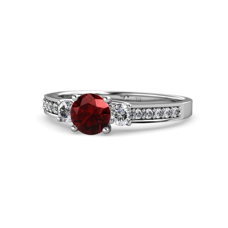 Dzeni Red Garnet and Diamond Three Stone with Side Diamond Ring  
