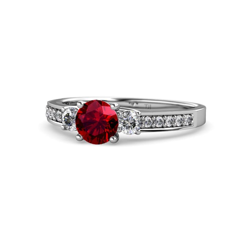 Dzeni Ruby and Diamond Three Stone with Side Diamond Ring  