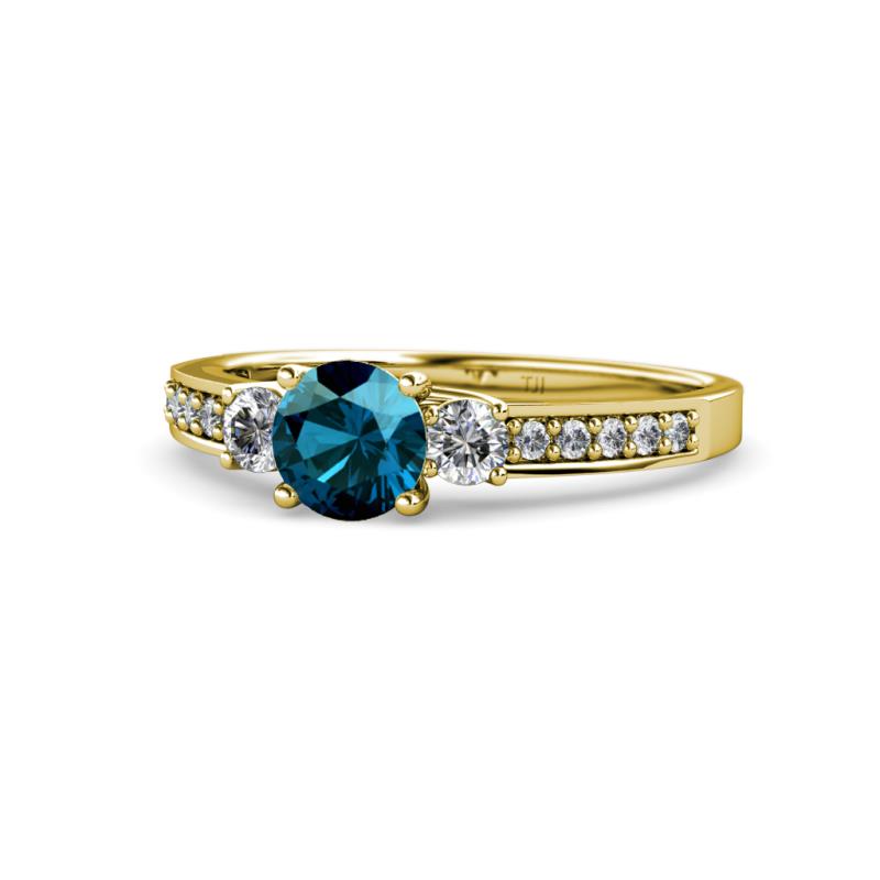 Dzeni Blue and White Diamond Three Stone with Side Diamond Ring  