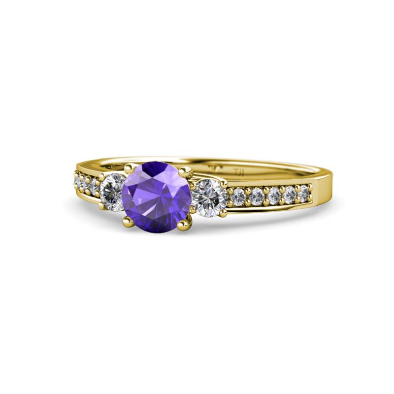 Dzeni Iolite and Lab Grown Diamond Three Stone with Side Lab Grown Diamond Ring  