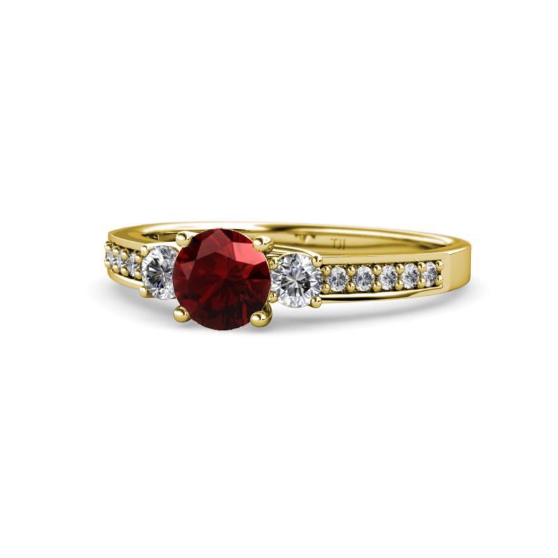Dzeni Red Garnet and Lab Grown Diamond Three Stone with Side Lab Grown Diamond Ring  