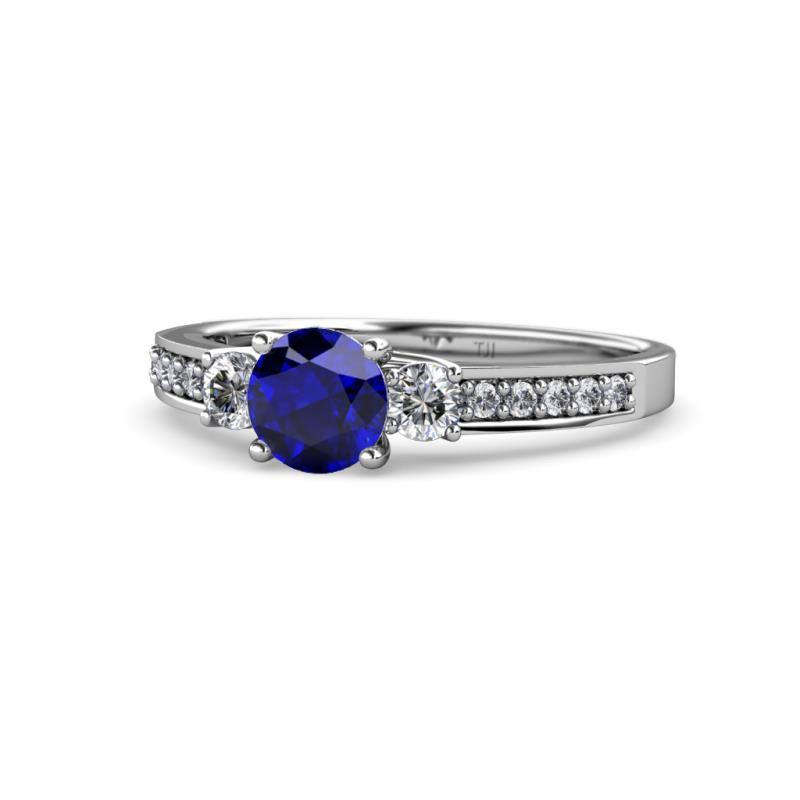 Dzeni Blue Sapphire and Lab Grown Diamond Three Stone with Side Lab Grown Diamond Ring  