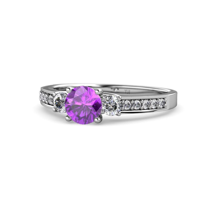 Dzeni Amethyst and Lab Grown Diamond Three Stone with Side Lab Grown Diamond Ring  