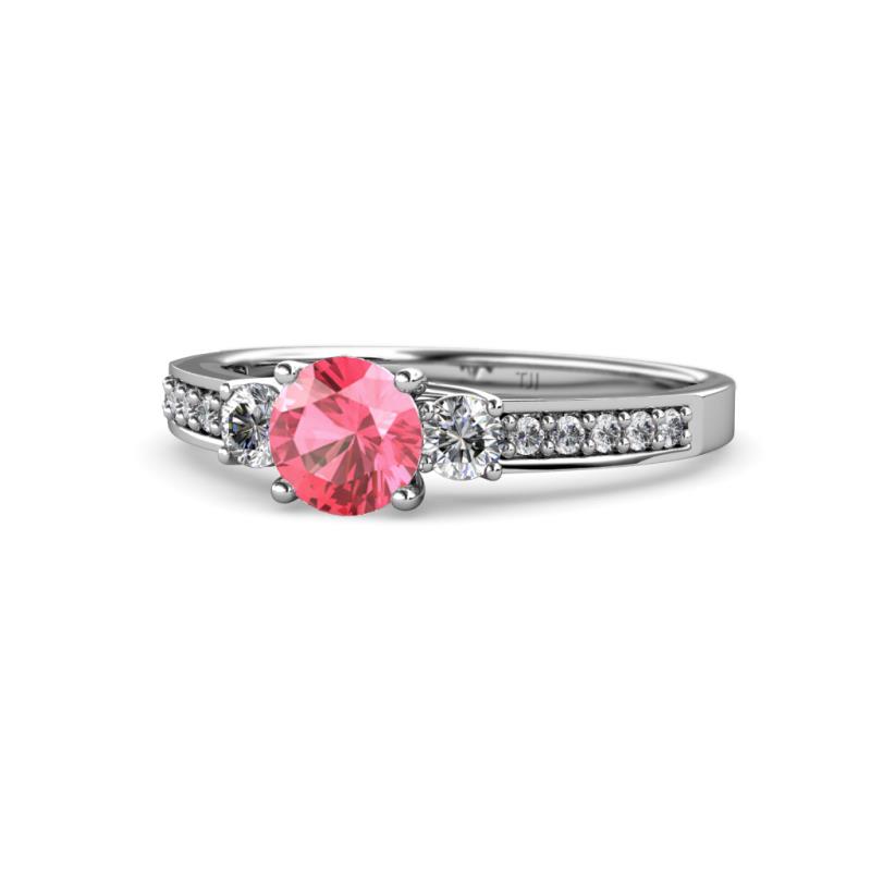 Dzeni Pink Tourmaline and Lab Grown Diamond Three Stone with Side Lab Grown Diamond Ring  