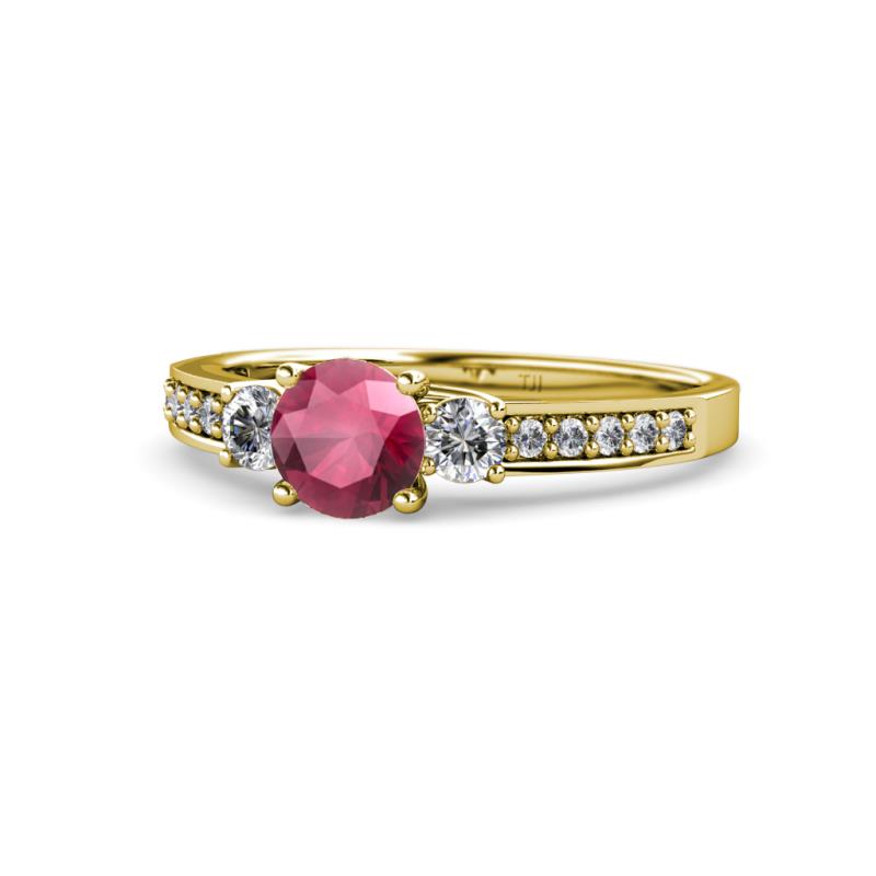 Dzeni Rhodolite Garnet and Lab Grown Diamond Three Stone with Side Lab Grown Diamond Ring  