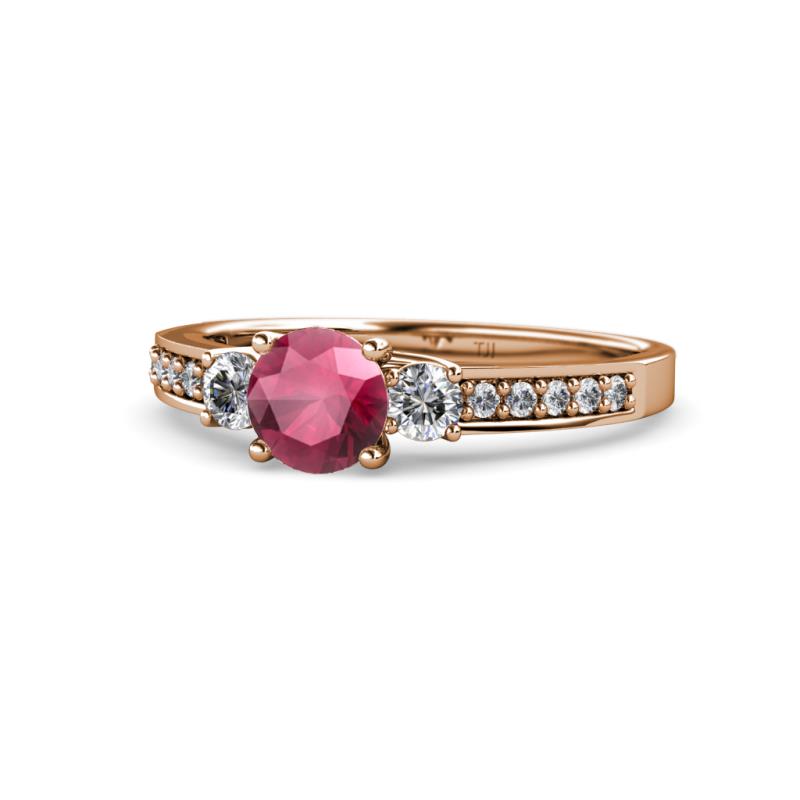 Dzeni Rhodolite Garnet and Lab Grown Diamond Three Stone with Side Lab Grown Diamond Ring  