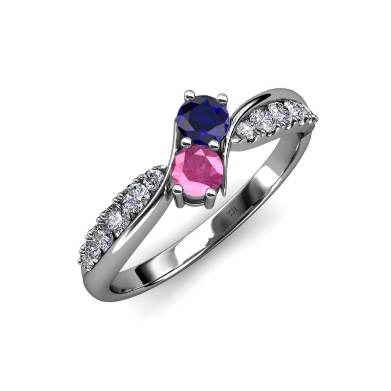 Nicia Blue and Pink Sapphire with Side Diamonds Bypass Ring 