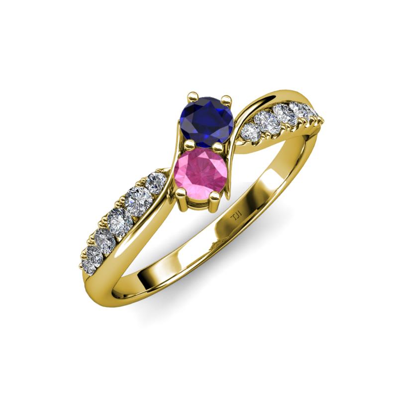 Nicia Blue and Pink Sapphire with Side Diamonds Bypass Ring 