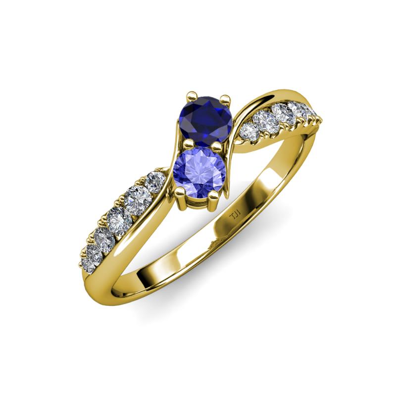 Nicia Blue Sapphire and Tanzanite with Side Diamonds Bypass Ring 