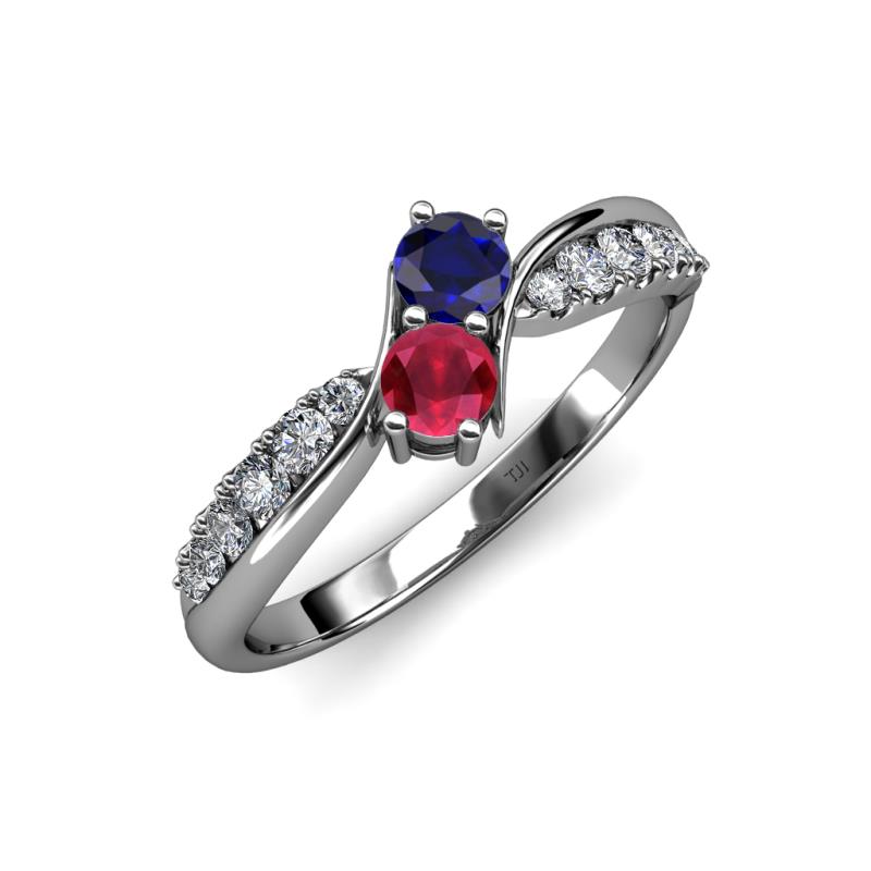 Nicia Blue Sapphire and Ruby with Side Diamonds Bypass Ring 