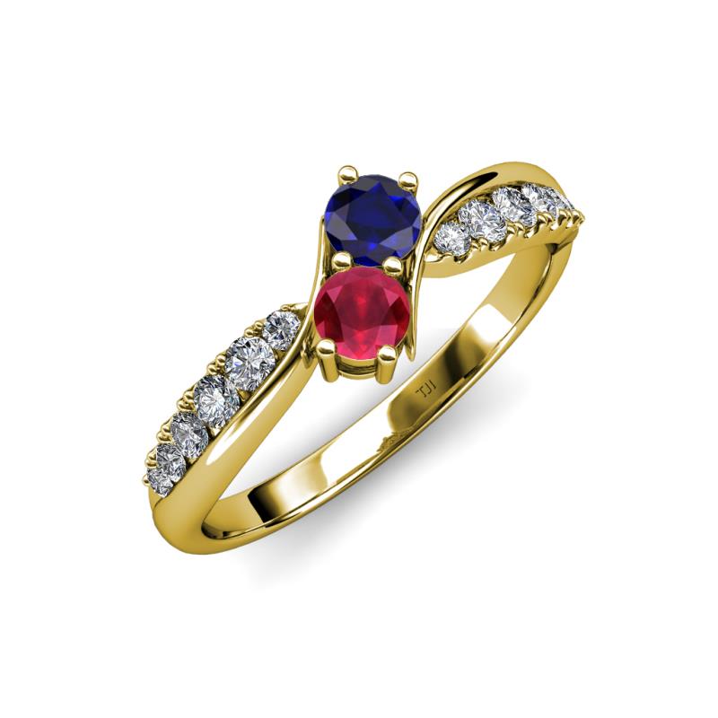 Nicia Blue Sapphire and Ruby with Side Diamonds Bypass Ring 