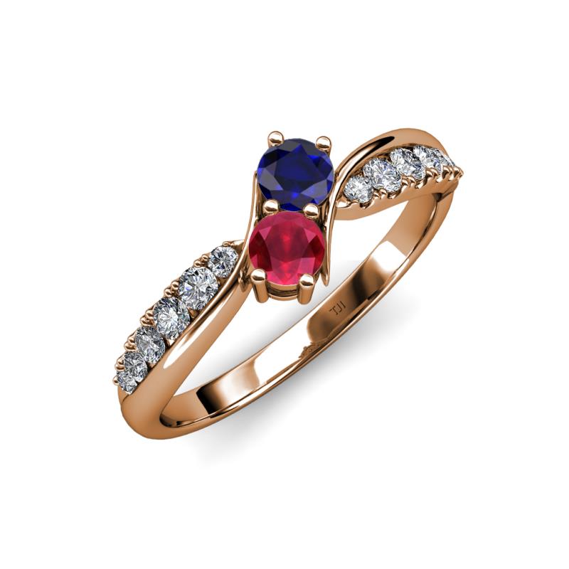 Nicia Blue Sapphire and Ruby with Side Diamonds Bypass Ring 