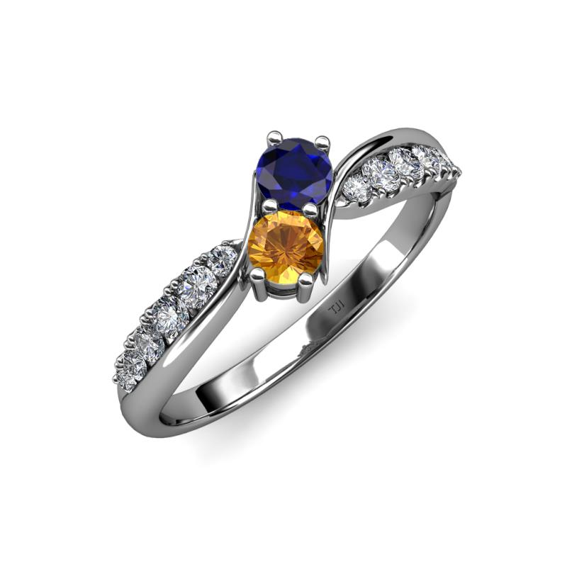 Nicia Blue Sapphire and Citrine with Side Diamonds Bypass Ring 