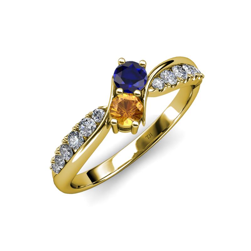 Nicia Blue Sapphire and Citrine with Side Diamonds Bypass Ring 
