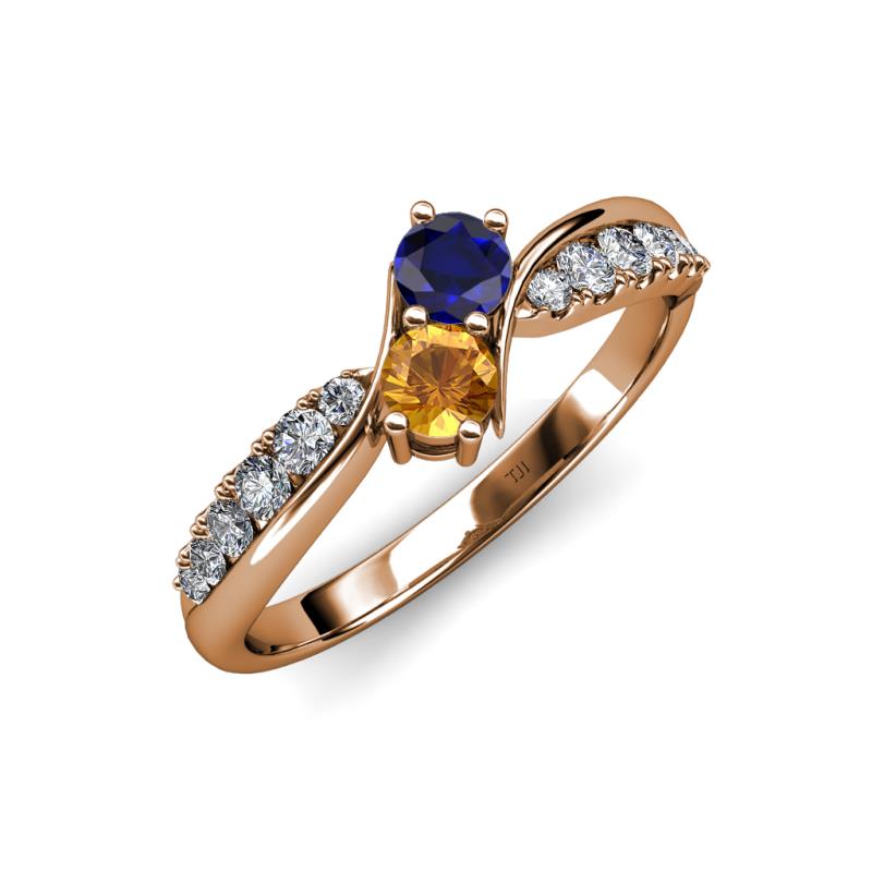 Nicia Blue Sapphire and Citrine with Side Diamonds Bypass Ring 