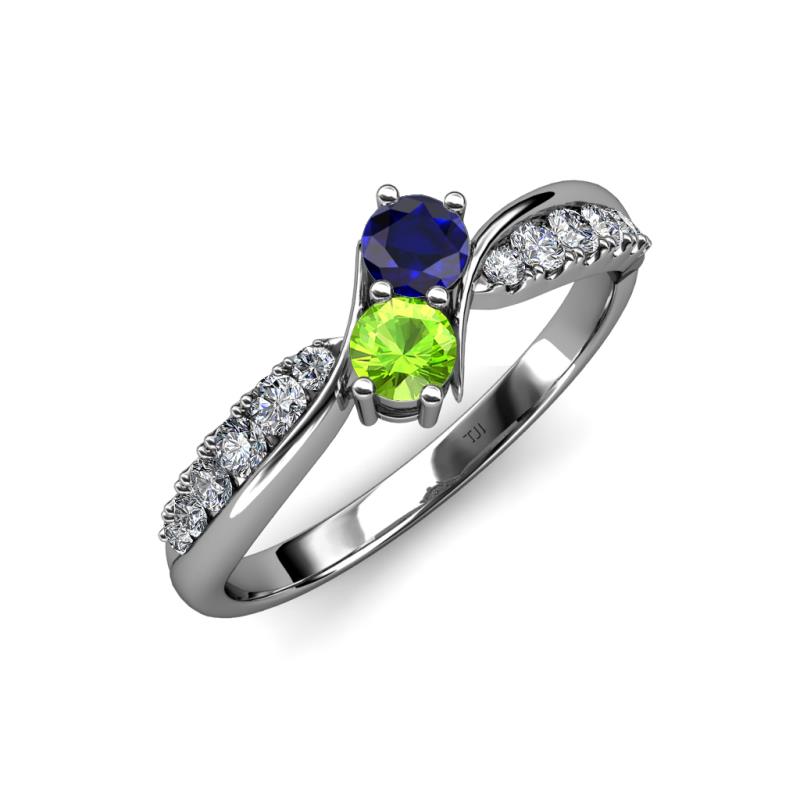 Nicia Blue Sapphire and Peridot with Side Diamonds Bypass Ring 