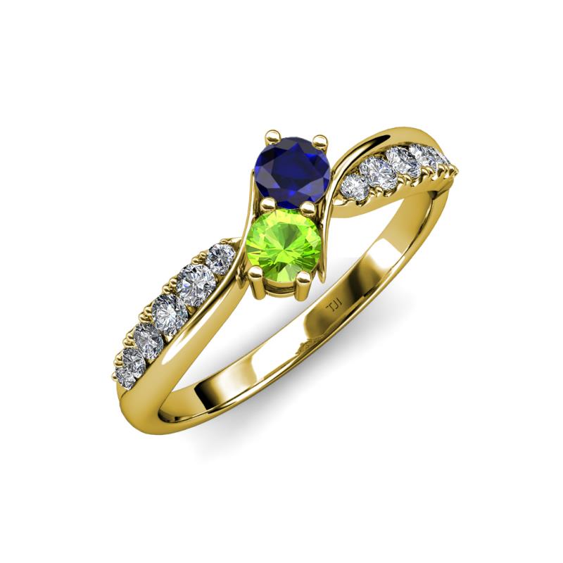 Nicia Blue Sapphire and Peridot with Side Diamonds Bypass Ring 