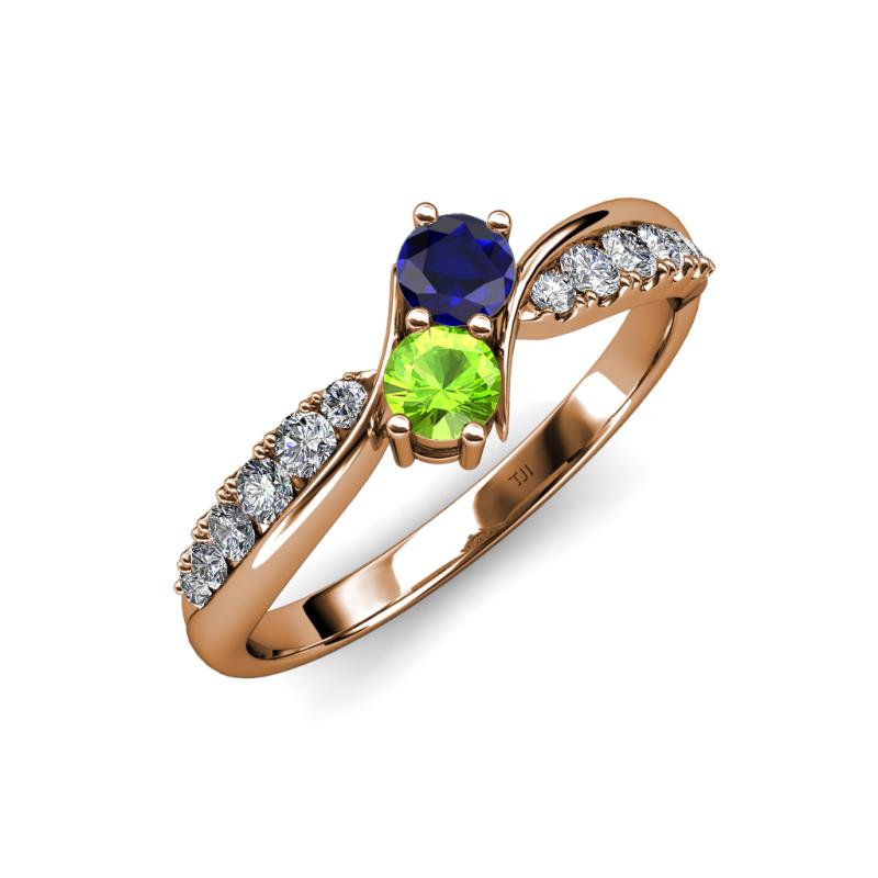 Nicia Blue Sapphire and Peridot with Side Diamonds Bypass Ring 