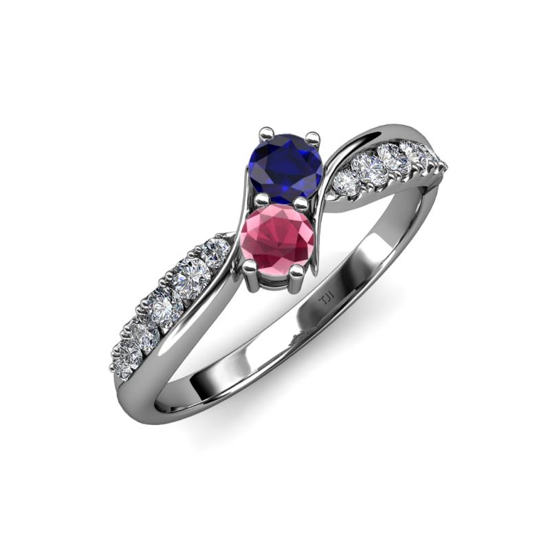 Nicia Blue Sapphire and Rhodolite Garnet with Side Diamonds Bypass Ring 