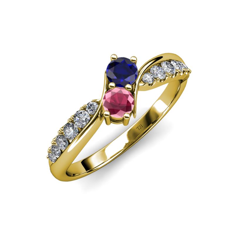 Nicia Blue Sapphire and Rhodolite Garnet with Side Diamonds Bypass Ring 