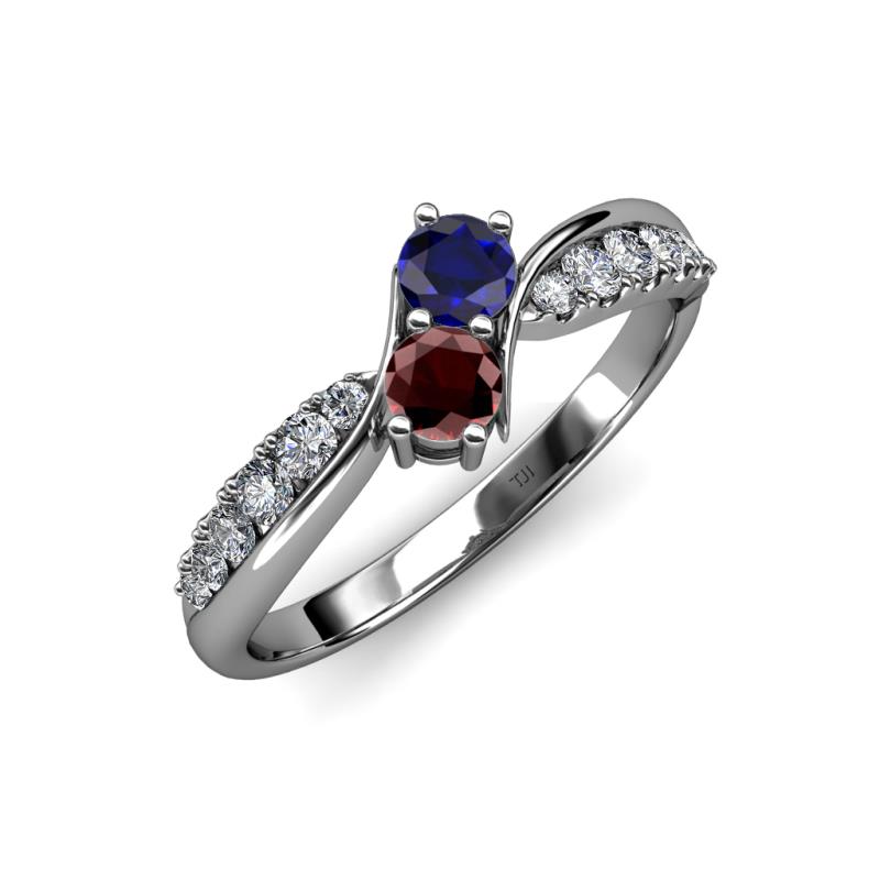 Nicia Blue Sapphire and Red Garnet with Side Diamonds Bypass Ring 