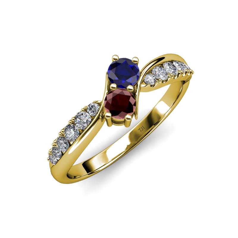 Nicia Blue Sapphire and Red Garnet with Side Diamonds Bypass Ring 