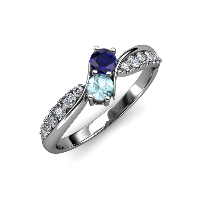 Nicia Blue Sapphire and Aquamarine with Side Diamonds Bypass Ring 