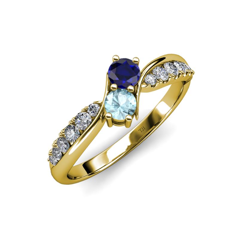 Nicia Blue Sapphire and Aquamarine with Side Diamonds Bypass Ring 